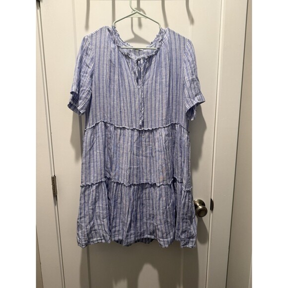 Rails Large L Blue Ludlow Stripe V Tie Neck Short Sleeve Linen Mini Dress - Picture 1 of 4